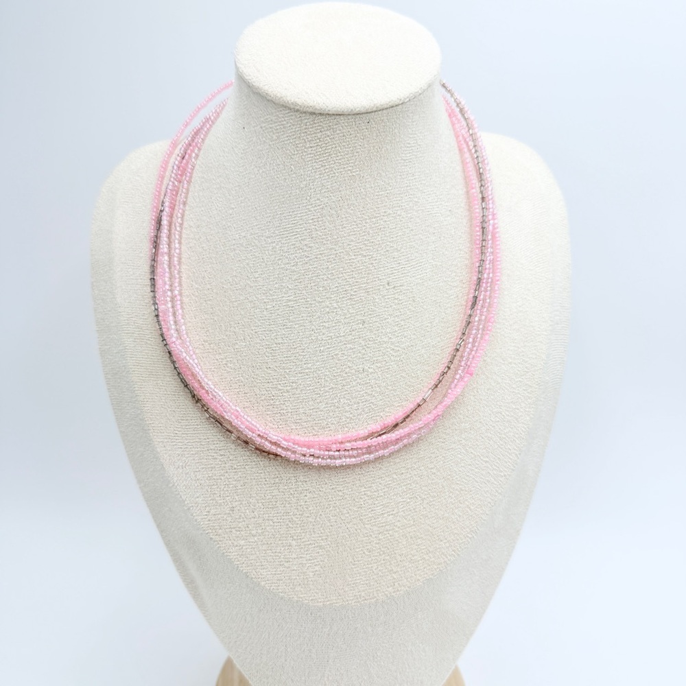 Premier Designs Pink Glass Seed Bead Multi-Strand Necklace Silver Tone